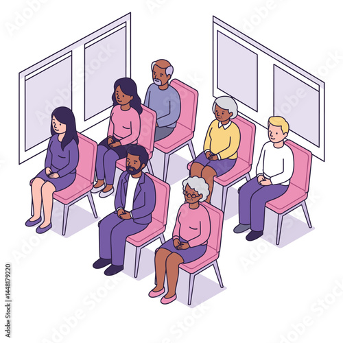Waiting Room: A diverse group of individuals, patiently awaiting their turn within a modern and minimalist waiting area. The illustration evokes a sense of calm and anticipation.