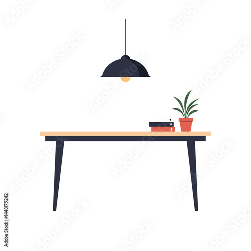 Illustration showcasing various wooden tables featuring potted plants and decorative elements in a modern style. Ideal for interior design, furniture catalogs, or home decor themes.

