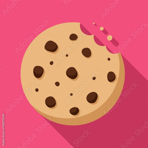 Chocolate Chip Cookie Delight: A close-up, stylized view of a chocolate chip cookie, with a bite taken out, set against a solid background, making it ideal for design usage.