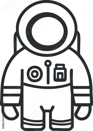 Black and white line icon of an astronaut in a full space suit with helmet and mission patches