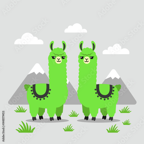 Llama Duo in a Colorful Landscape: Two vibrant green llamas stand side-by-side against a backdrop of rolling hills, fluffy clouds, and snow-capped mountains, creating a cheerful scene.