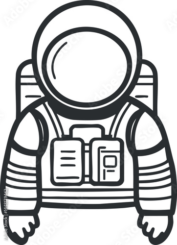 Black and white line art illustration of an astronaut wearing a space suit with helmet and backpack