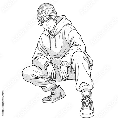 Urban Teen Illustration: A stylish young man in a beanie, hoodie, and streetwear, sitting in a crouching pose with a confident attitude.  