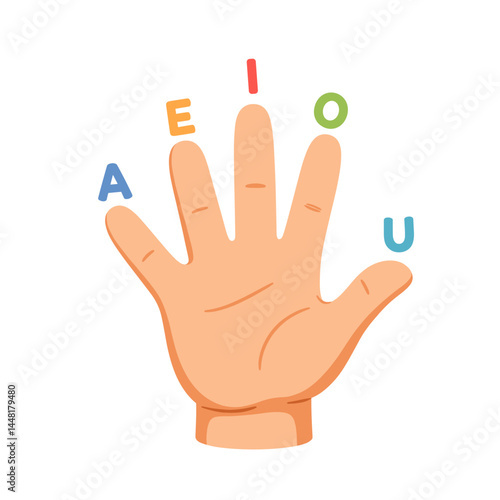 Vowel Hand Signals: A playful illustration of a hand displaying the five vowels (A, E, I, O, U) on the fingertips. This image is ideal for educational purposes, particularly for young learners.
