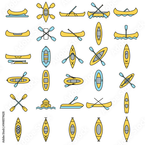 Kayaks and Canoes Illustrations: An eye-level shot of a set of kayak and canoe illustrations arranged in a grid on a plain background, showcasing the different designs and features of the watercraft.
