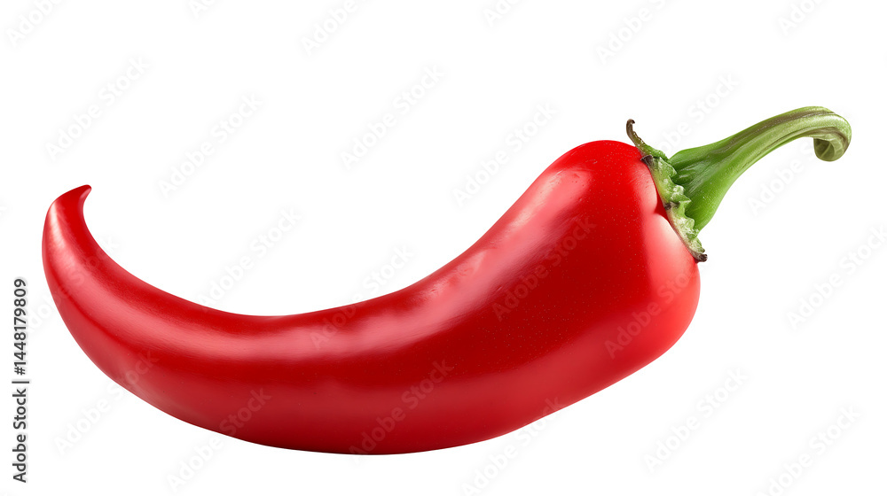 A single red chili pepper with a green stem isolated against a black background in a studio shot A single red chili pepper with a green stem isolated against a black background in a studio shot