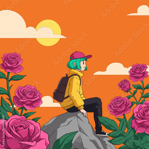Sunset Contemplation: A solo traveler sits atop a boulder, surrounded by blooming roses, as the setting sun casts a warm glow, embodying a moment of peaceful reflection.