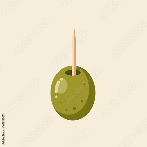 Olive Delight: A vibrant illustration of a single, succulent green olive, elegantly pierced by a wooden toothpick. Perfect for culinary, food-related designs.
