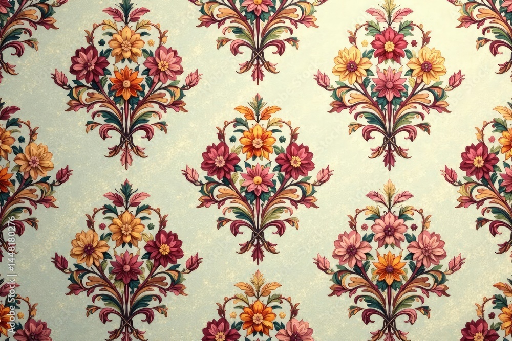 Intricate floral damask pattern in muted tones, print, wallpaper Intricate floral damask pattern in muted tones, print, wallpaper