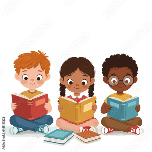 Reading Together: A colorful illustration of children engrossed in their books, each absorbed in a world of knowledge, creating a sense of joy and learning.