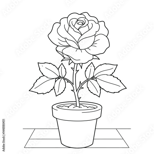 Simple black-and-white outline of a rose flower planted in a decorative pot, ideal for coloring illustrations, educational materials, or creative expression projects focusing on nature and plant-theme