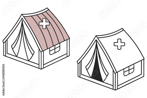 Two simplistic medical tent drawings depict health aid structures, one colored and one monochrome, both on white