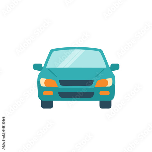 Front view of Modern Car: A sleek, modern car with a vibrant teal color, captured from a direct frontal perspective, embodying the essence of automotive design and urban mobility.