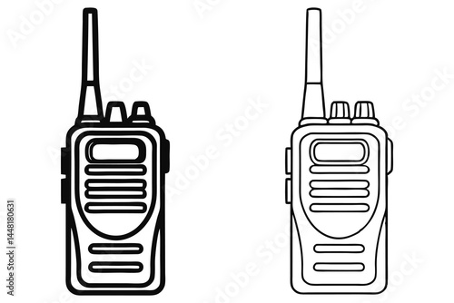 Two portable walkie talkies stand side by side in simple black outline rendering on white