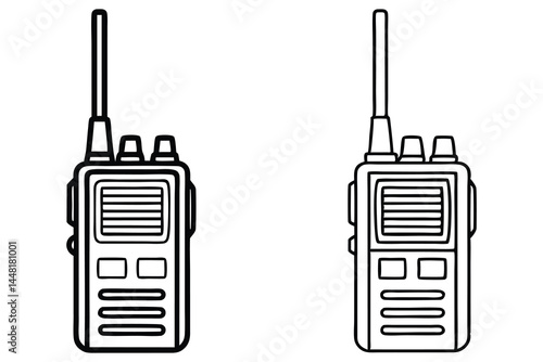 Two outline walkie talkies stand against a white backdrop, both having transparent background