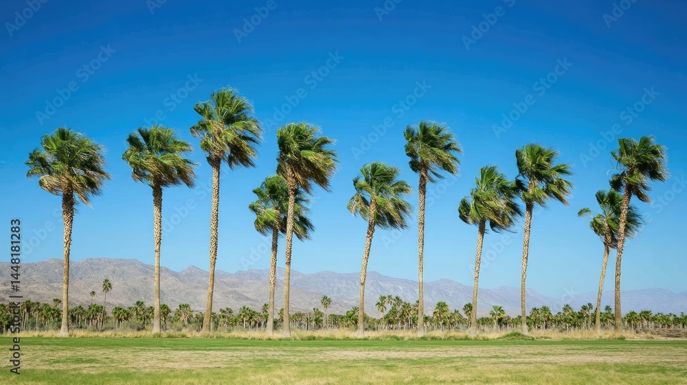 Windswept palm trees line a verdant landscape. Windswept palm trees line a verdant landscape.