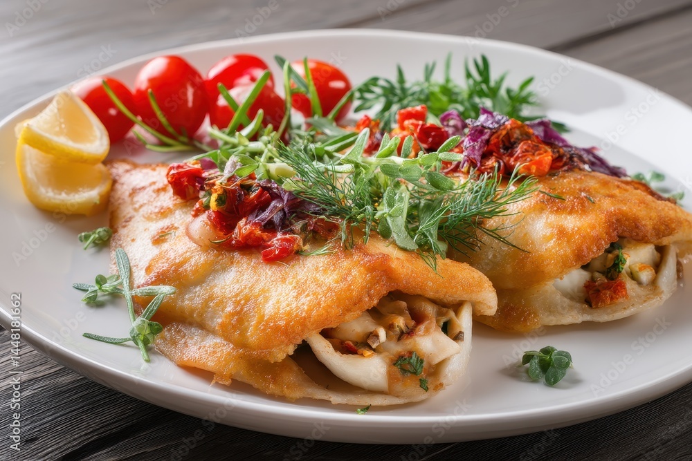 Tasty baked flounder or flatfish with fresh veggies Fried fish stuffed with vegetables Tasty baked flounder or flatfish with fresh veggies Fried fish stuffed with vegetables