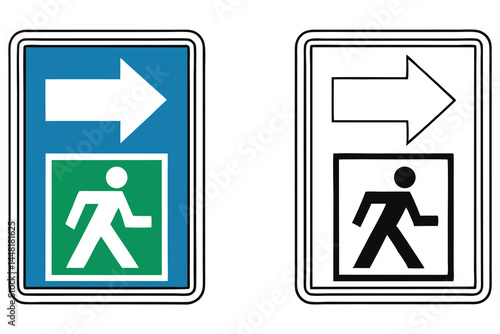 Person follows the right arrow on green and blue emergency signage