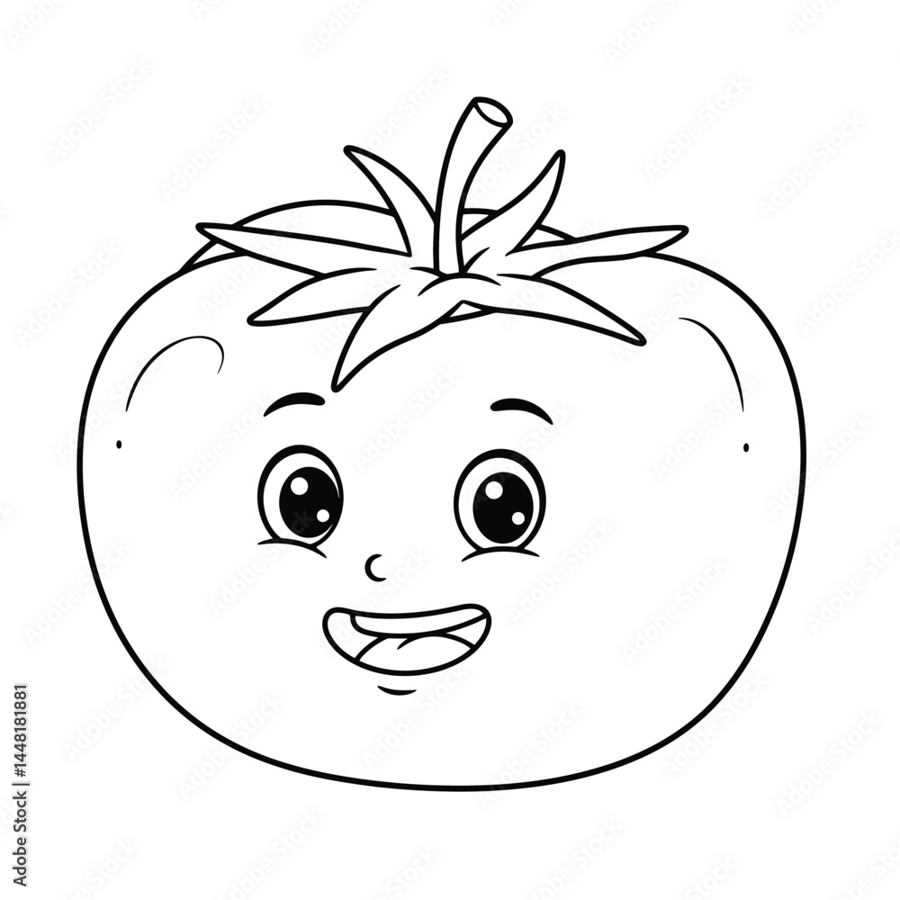 Obraz premium Smiling cartoon tomato coloring page, perfect for kids and toddlers to enjoy and learn. This fun and engaging illustration promotes creativity and is suitable for child-friendly projects, activities, 