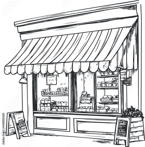 Black and white line drawing of a bakery storefront with an awning and pastries displayed in the window