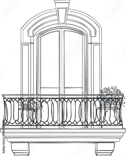 Black and white line art illustration of an ornate balcony with arched window and decorative railing