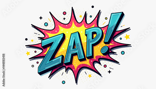 Dynamic comic-style text "ZAP!" with explosive effects and vibrant colors on a light background for expressive communication
