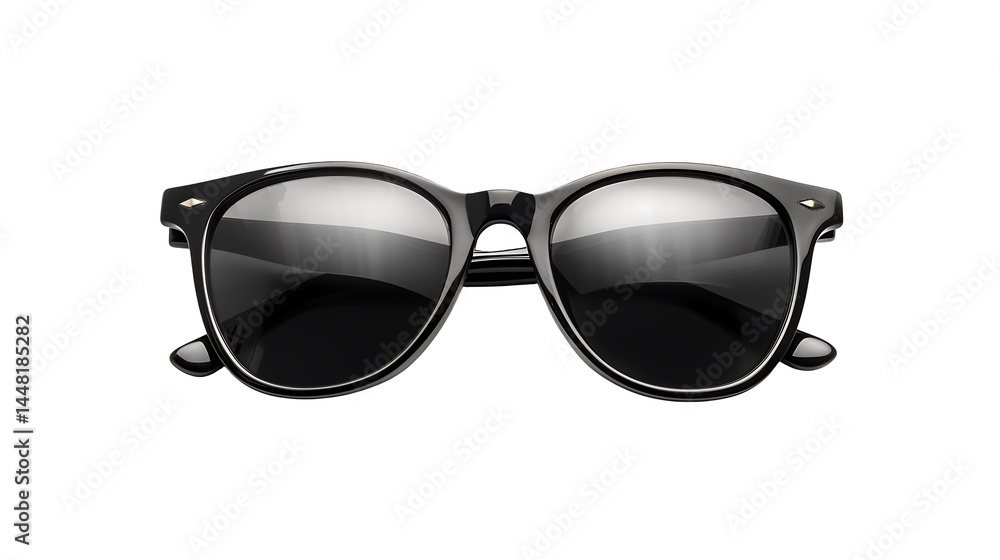 A pair of black framed sunglasses with dark lenses isolated against a black background in a studio shot A pair of black framed sunglasses with dark lenses isolated against a black background in a studio shot