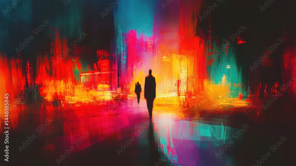 Fototapeta premium Vivid nocturnal cityscape scene with abstract figures.