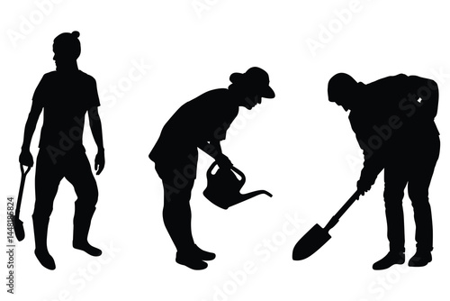 Man with Shovel Silhouette Set Worker and Farmer in Different Action Poses