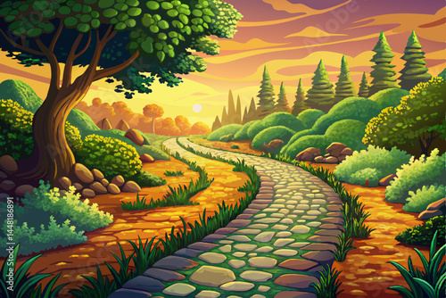 Funny Winding garden path paved with cobblestones amidst lush greenery vector