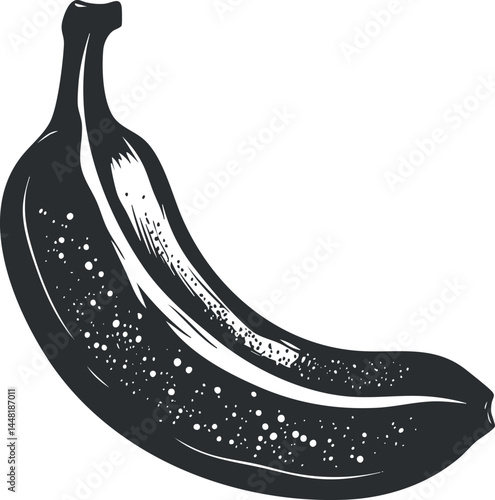 Black and white illustration of a single ripe banana with detailed texture and peel.