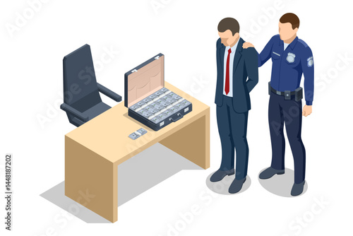 Isometric vector of a businessman under arrest next to a suitcase full of cash, symbolizing bribery and financial crime. Illegal money metaphor for financial crime and laundering