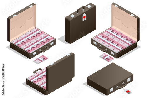 Chinese yuan. Isometric vector of briefcases full of Chinese yuan, suggesting financial transport or illegal cash flow.