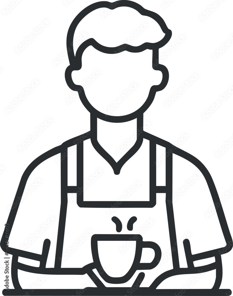 Obraz premium Line art illustration of a barista wearing an apron and holding a steaming cup of coffee or tea