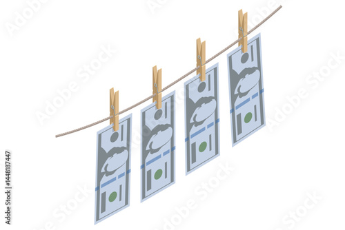 Isometric vector illustration of dollar bills hanging on a clothesline with clothespins, symbolizing the concept of money laundering. Illegal money metaphor for financial crime and laundering