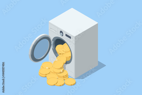 Isometric vector of a washing machine spilling gold coins, symbolizing money laundering. Illegal money metaphor for financial crime and laundering