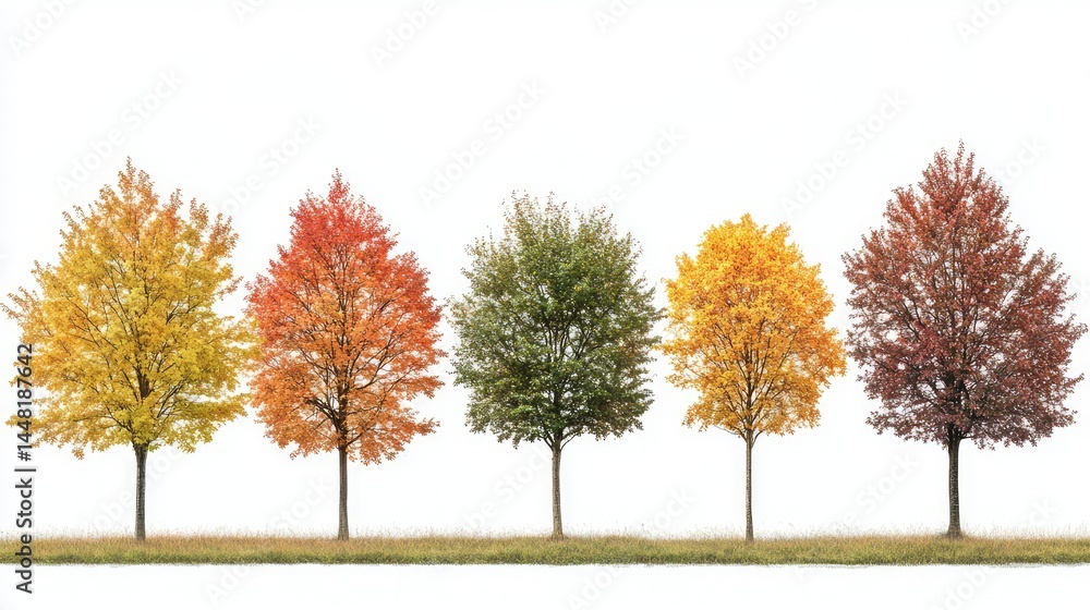 Naklejka premium Quercus palustris and Sorbus trees in full autumn color, individually isolated in PNG format
