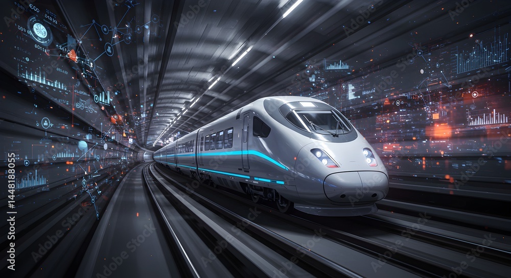 Futuristic high-speed train with data streams speeding through a tunnel system Futuristic high-speed train with data streams speeding through a tunnel system