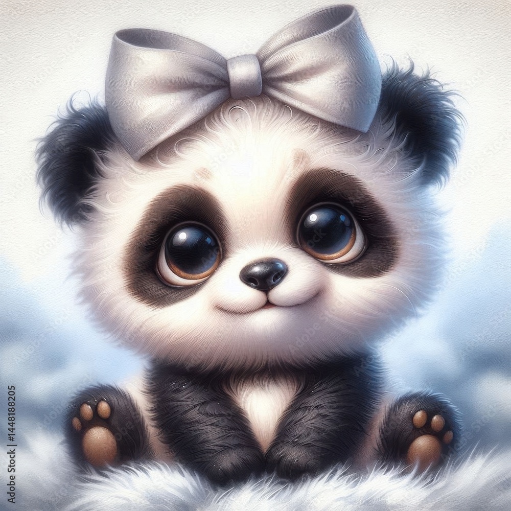 Cute baby panda with bow on blue blanket Cute baby panda with bow on blue blanket
