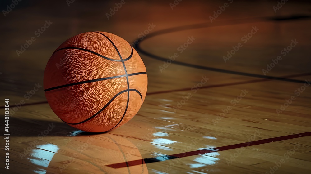 Close-up of an orange basketball resting on a polished wooden court floor. Ideal for themes related to sports, athletics, competition, training, and indoor basketball games. Close-up of an orange basketball resting on a polished wooden court floor. Ideal for themes related to sports, athletics, competition, training, and indoor basketball games.