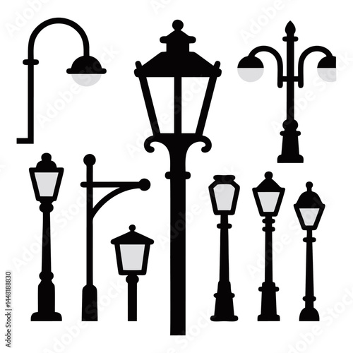 collection of vintage and modern street lamp vector silhouettes.ai