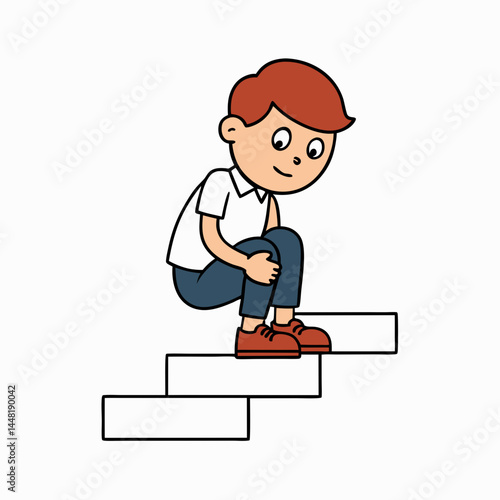 schoolboy tying his school shoes while sitting on the stairs.