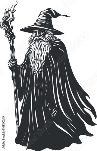 Black and white illustration of an old wizard holding a magical staff wearing a cloak and pointed hat