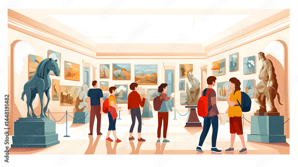 Fototapeta premium Professional Museum Visitors: Family Tourists with Kids Exploring Exhibits and Artifacts