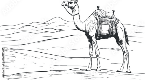 Black and white sketch of a camel with saddle standing in desert sand dunes landscape