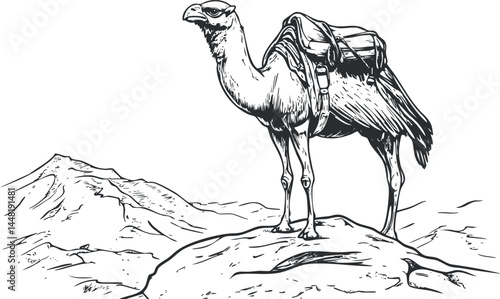 Black and white line drawing of a camel standing on a rocky mountain landscape with a pack saddle