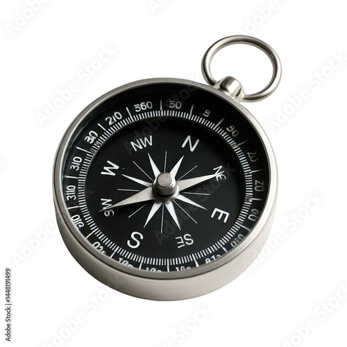 Essential guidance instrument with a sleek metal body, black dial, clear white markers, and steady directional needle.