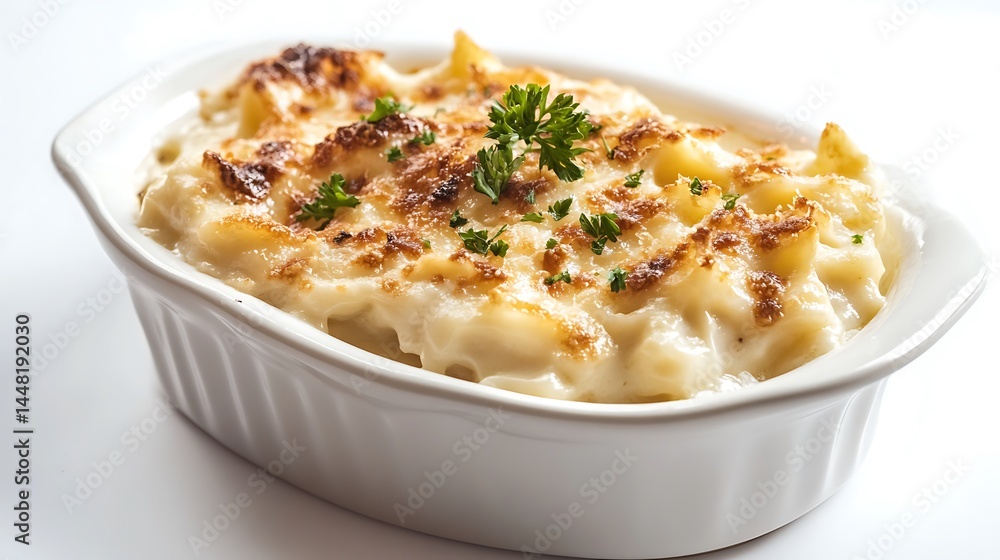 Macaroni and Cheese in White Dish with Toasted Crust Topped with Parsley Macaroni and Cheese in White Dish with Toasted Crust Topped with Parsley
