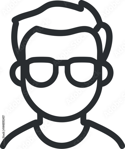 Simple black outline avatar icon of a male person wearing glasses with short hair in minimal style