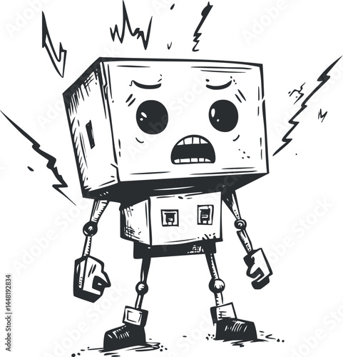 Black and white cartoon robot character with electric shocks showing scared expression